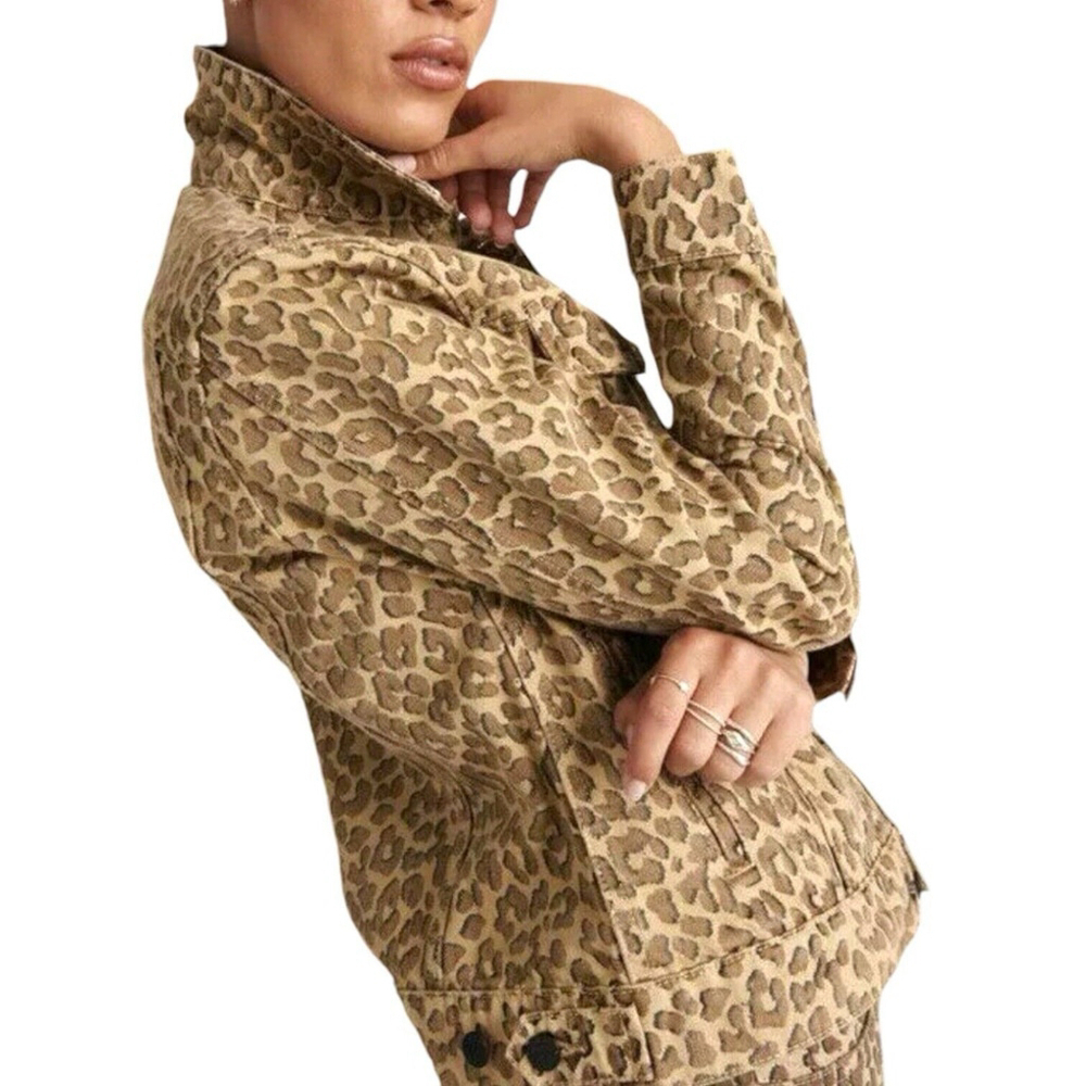 Lucky Brand Womens XS Leopard Denim Jacket The Tomboy Trucker Animal Print Brown - Picture 13 of 16